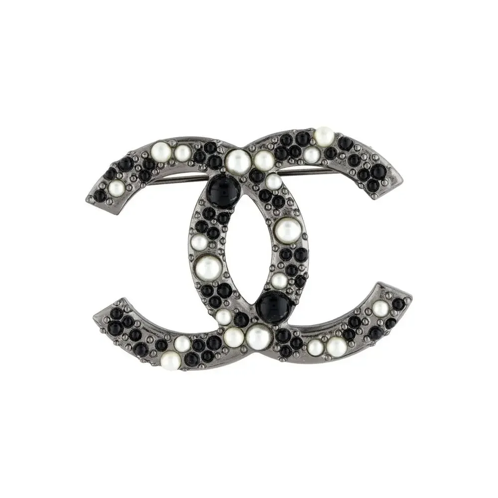 Chanel Silver-tone Faux Pearl Resin Interlocking CC Pin Brooch